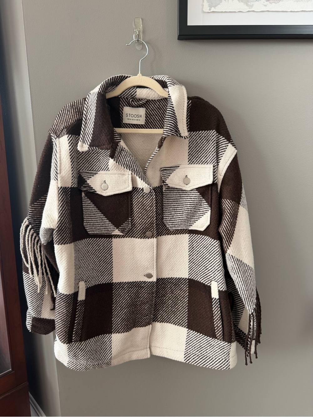 STOOSH Brown & Cream Plaid Fringe Shacket Jacket. Medium